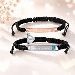 2Pcs Matching Couple Bracelets Set, I Love You Most I Love You More Adjustable Braided Bracelets, Rose Gold & Silver Love Bar Bracelets with Heart Charm, Romantic Jewelry Gift for Couples