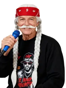 Long silver gray wig [+red headscarf] silver braided braided wig denim country rock wig, with 2 braids, Synthetic Braided Wig, suitable for American funny wigs, suitable for Halloween and Christmas party costume sets