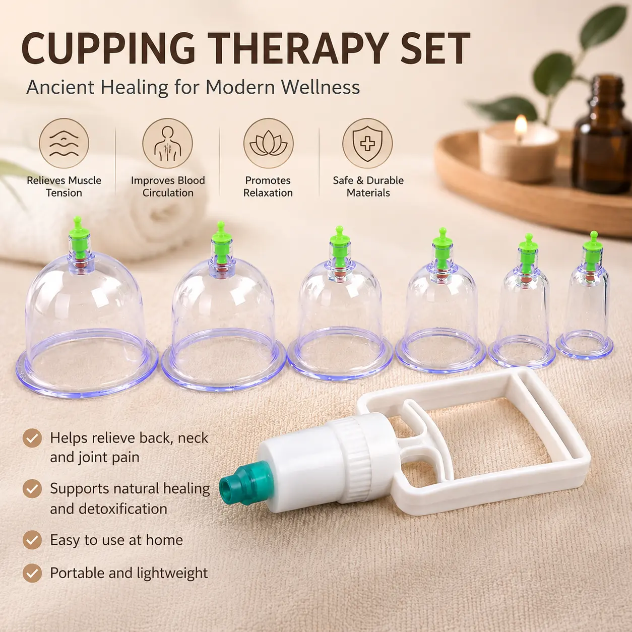 This vacuum cupping therapy kit contains 6 cupping jars with a manual pump. It is used to relieve muscle pain, massage the body, promote blood circulation, and reduce cellulite. It is suitable for home and travel use.