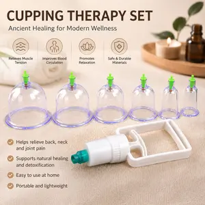 This vacuum cupping therapy kit contains 6 cupping jars with a manual pump. It is used to relieve muscle pain, massage the body, promote blood circulation, and reduce cellulite. It is suitable for home and travel use.