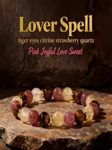 Lover Spell Crystal Bracelet, Tiger's Eye Citrine Strawberry Quartz Beads, Love Attraction Healing Jewelry, Romantic Gift for Women