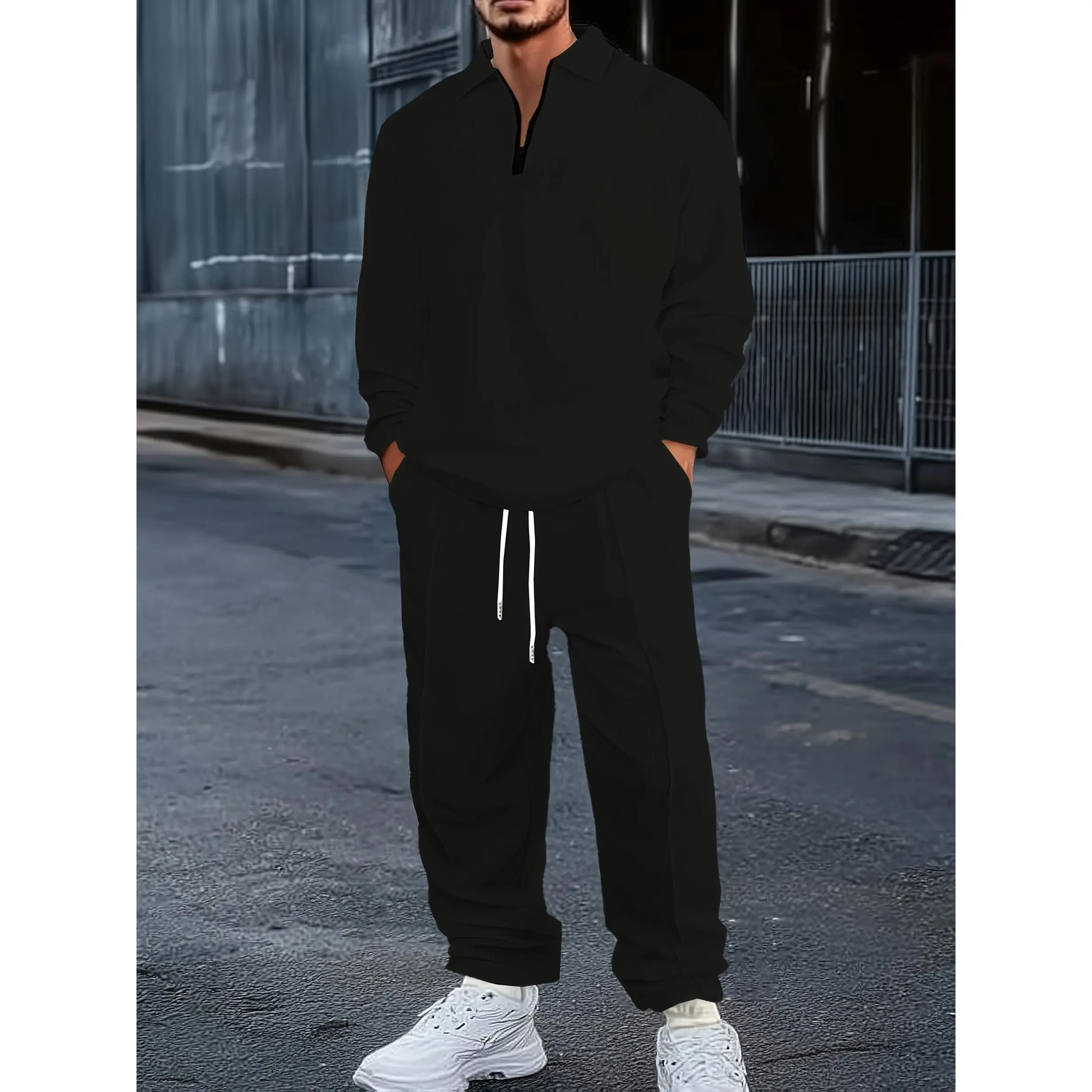 Men's Solid Color 2-Piece Tracksuit Set Zipper Polo Shirt Long Sleeve Top And Long Pants Casual Fashion Sportswear..