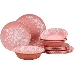 12-Piece Bamboo Melamine Dinnerware Set, Service for 4, Includes Dinner Plates, Salad Plates and Cereal Bowls, Dishwasher Safe (Pink)