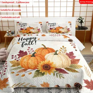 3pcs, 2D flat print Happy Fall Pumpkin Maple Leaf Sunflower bed cover set, multiple sizes available, bedding set, festive decorative bedding, ideal for bedroom décor(1 bedspread , 2 pillowcase)
