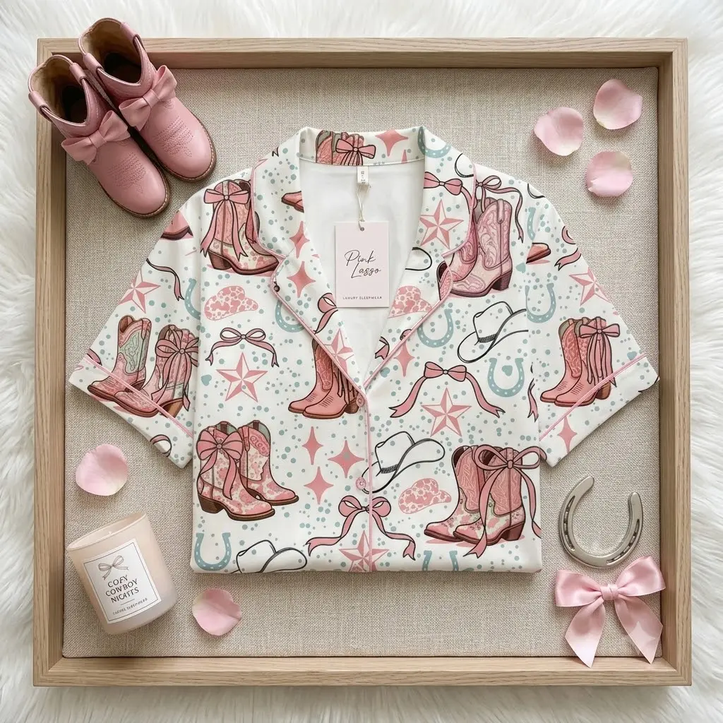 Women's Preppy Western Cowgirl Pajama Set - Soft 2-Piece Short Sleeve Button Down Sleepwear & Shorts. Pink Boots & Bows Coastal Cowgirl PJs. Comfy Summer Loungewear Nightwear for Ladies & Teens. Nashville Bachelorette Trip Matching Sleep Set