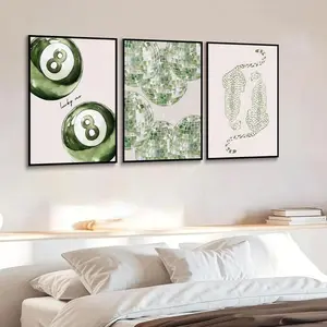 3pcs/set Frameless Sage Green Cheetah Leopard "Lucky Me" 8 Pool Ball Canvas Print Poster Funky Chic Modern Minimalist Design Animal Art Prints Wall Art Home Decor