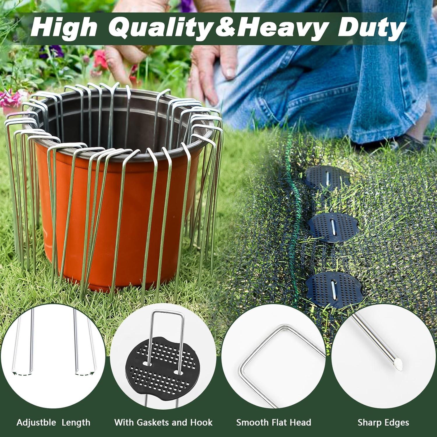 50-Pack 6 Inch Garden Staples with 50pcs Fixing Gaskets and 1pc Pick Hook U-Shaped Landscaping Stakes Heavy Duty Weed Barrier Fabric Pins Sod Pegs Lawn Anchors
