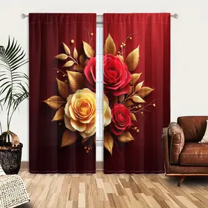 2pcs Window Curtains, A striking bouquet of red and creamy yellow roses, accented with golden leaves and berries, against a rich maroon background.Window Drapes for Bedroom Living Room, Rod Pocket Window Treatment