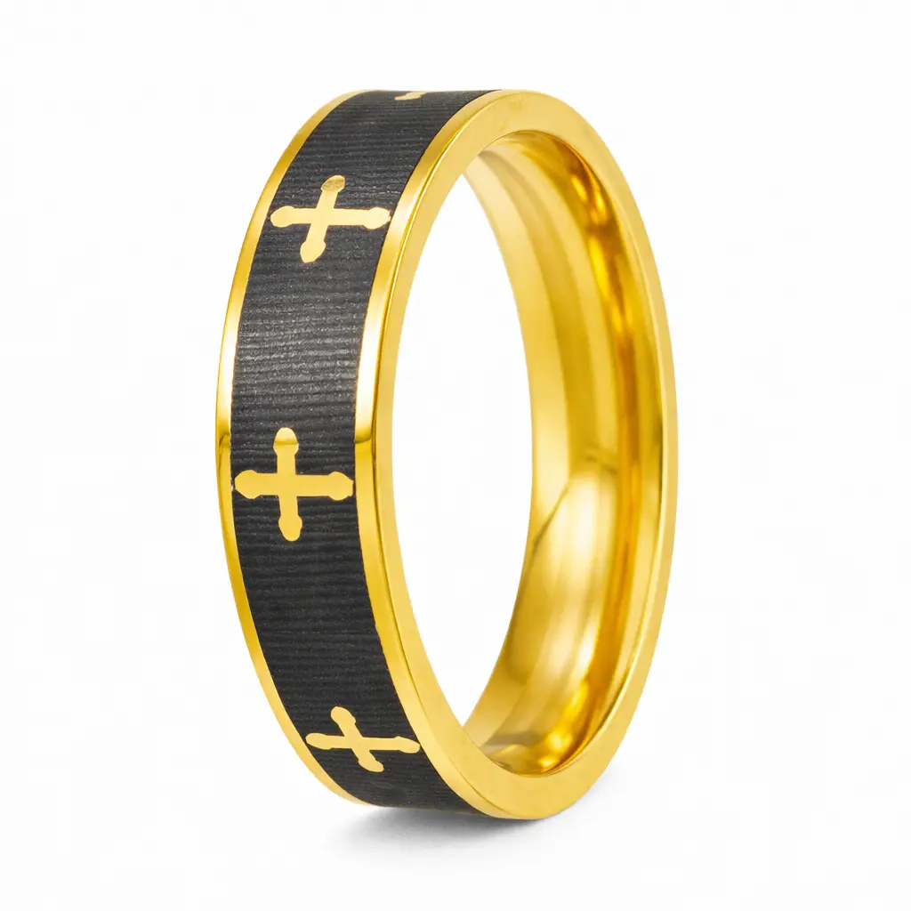 The Devotion Titanium and Gold Plated Men's Cross Ring with Polished Edges| 6mm
