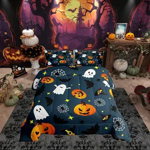 Cute Halloween Comforter Set,Pumpkin Duvet Insert Halloween Pumpkin Ghost Festival Themed Bedding Set for Kids Boys Teens Bedroom Decor Navy Down Comforter