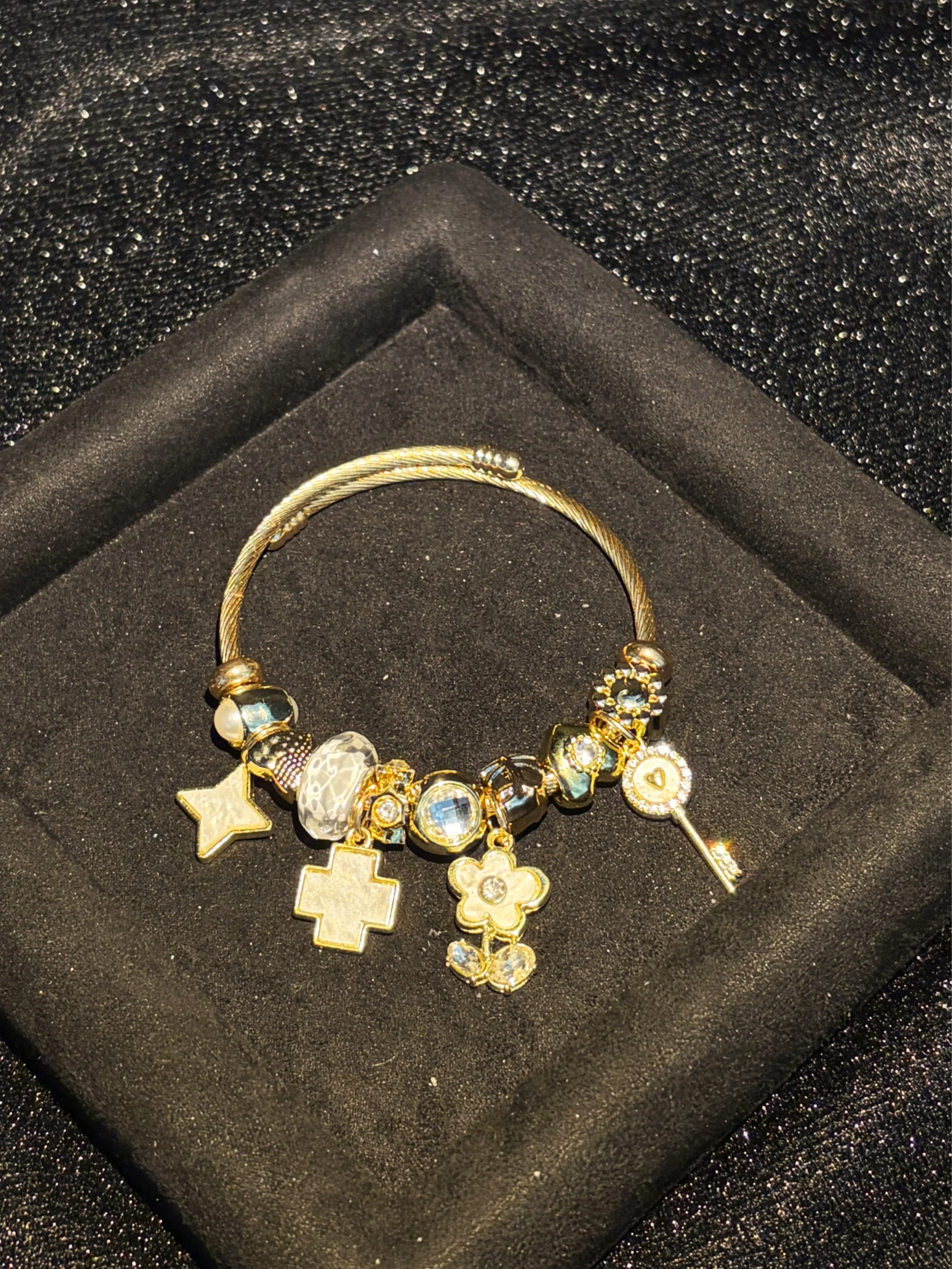 Gold-Tone Open Cuff Bangle Bracelet with Star, Cross, Flower, Key Multi-Charm Rhinestone Decor - Stackable Fashion Jewelry Gift for Women