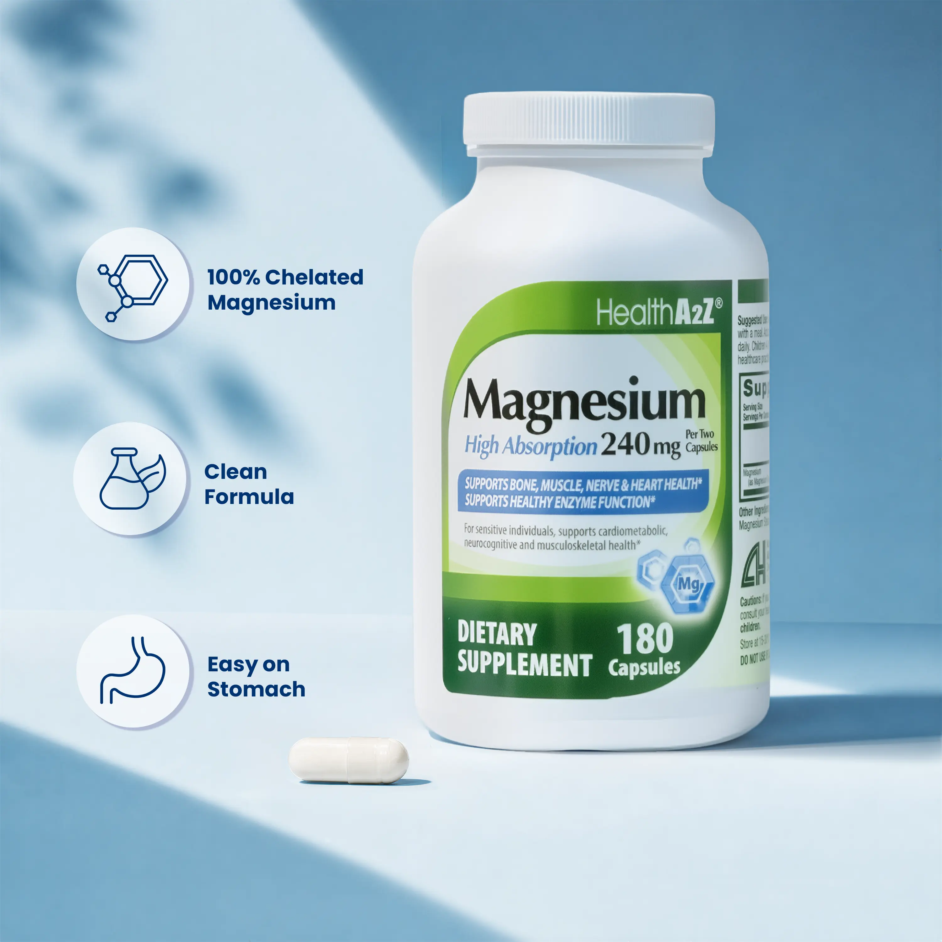 HealthA2Z Magnesium Glycinate Supplement 240mg - 180 Capsules, 3-Month Supply (Pack of 1) - High Absorption, Supports Energy, Restful Sleep, Stress Relief, Mood Balance, Bone, Muscle Health, Natural Beauty, Metabolism