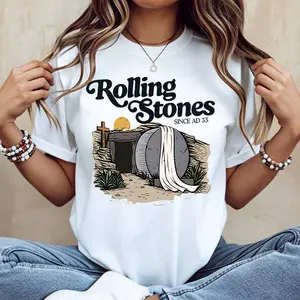 Rolling Stones Since Ad 33 Easter Tomb Graphic Tshirt White Crewneck Casual Wear For Everyday And Outdoor Activities