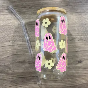 Concha Ghostie Glass Beer Can with Bamboo Lid & Glass Straw