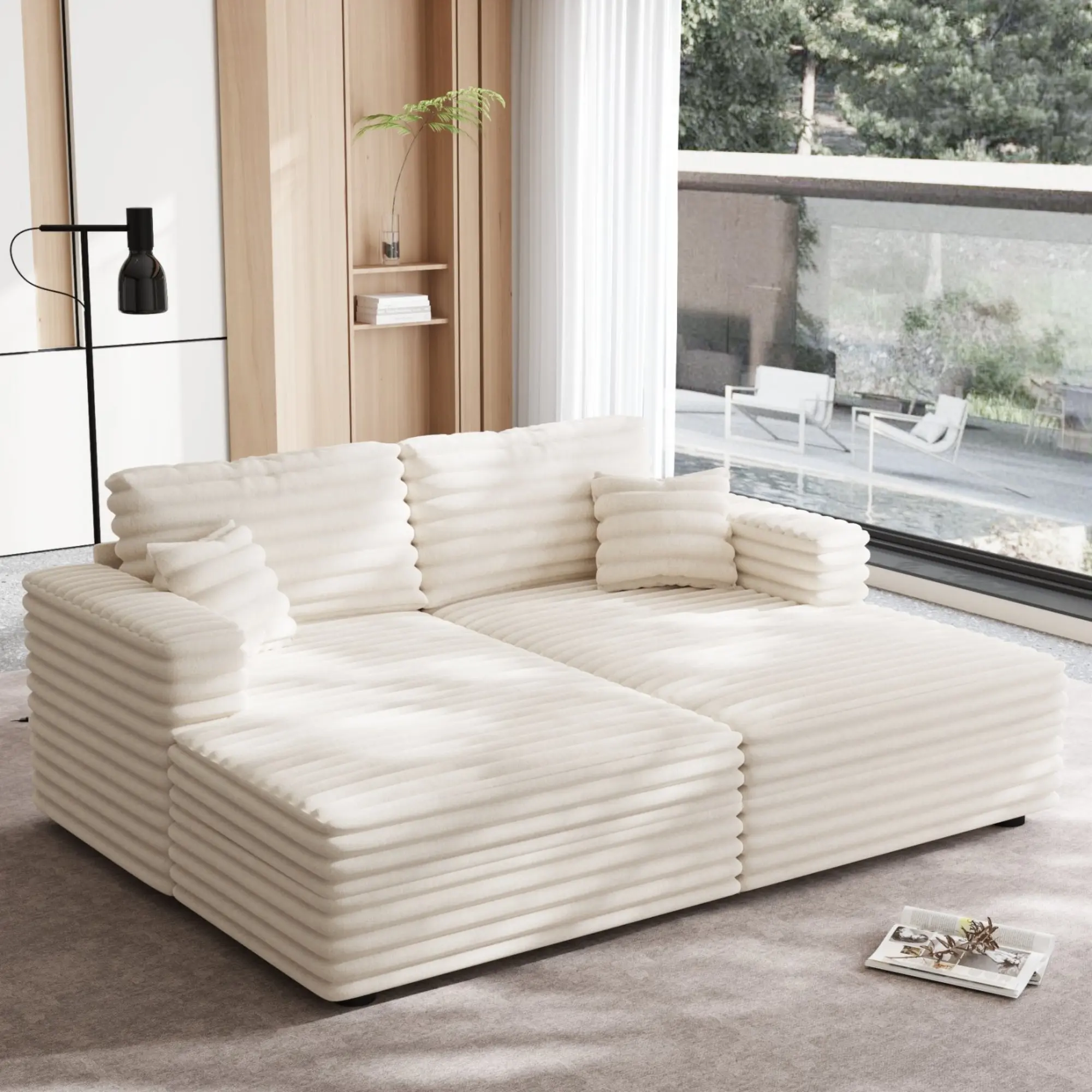 Vaztrlus 86.22" Oversized 2-Seat Reversible Convertible Sleeper Chaise Lounge Sofa Bed - Textured Plush Corduroy Upholstery, Reinforced Frame, Deep Seat Cloud Loveseat with Throw Pillows, Modern Minimalist Couch for Living Room, Bedroom Indoor Furniture,