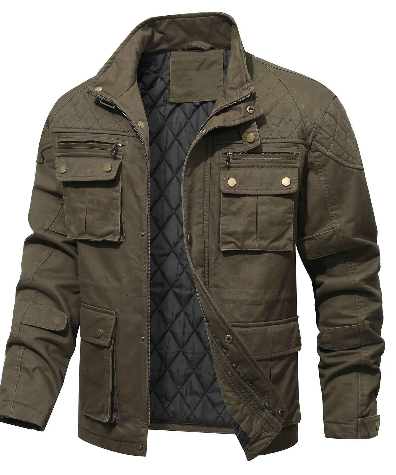 Men's Military Utility Jacket - Quilted Lined Multi-Pocket Field Coat, Stand Collar Zip-Up Casual Outdoor Work Menswear Top, Coats