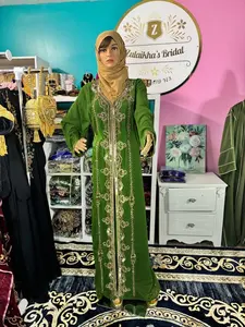 Muslim Eid Party Nikah Kaftan Olive Green Dress with Scarf & Belt for Wedding Occasions Women's Luma