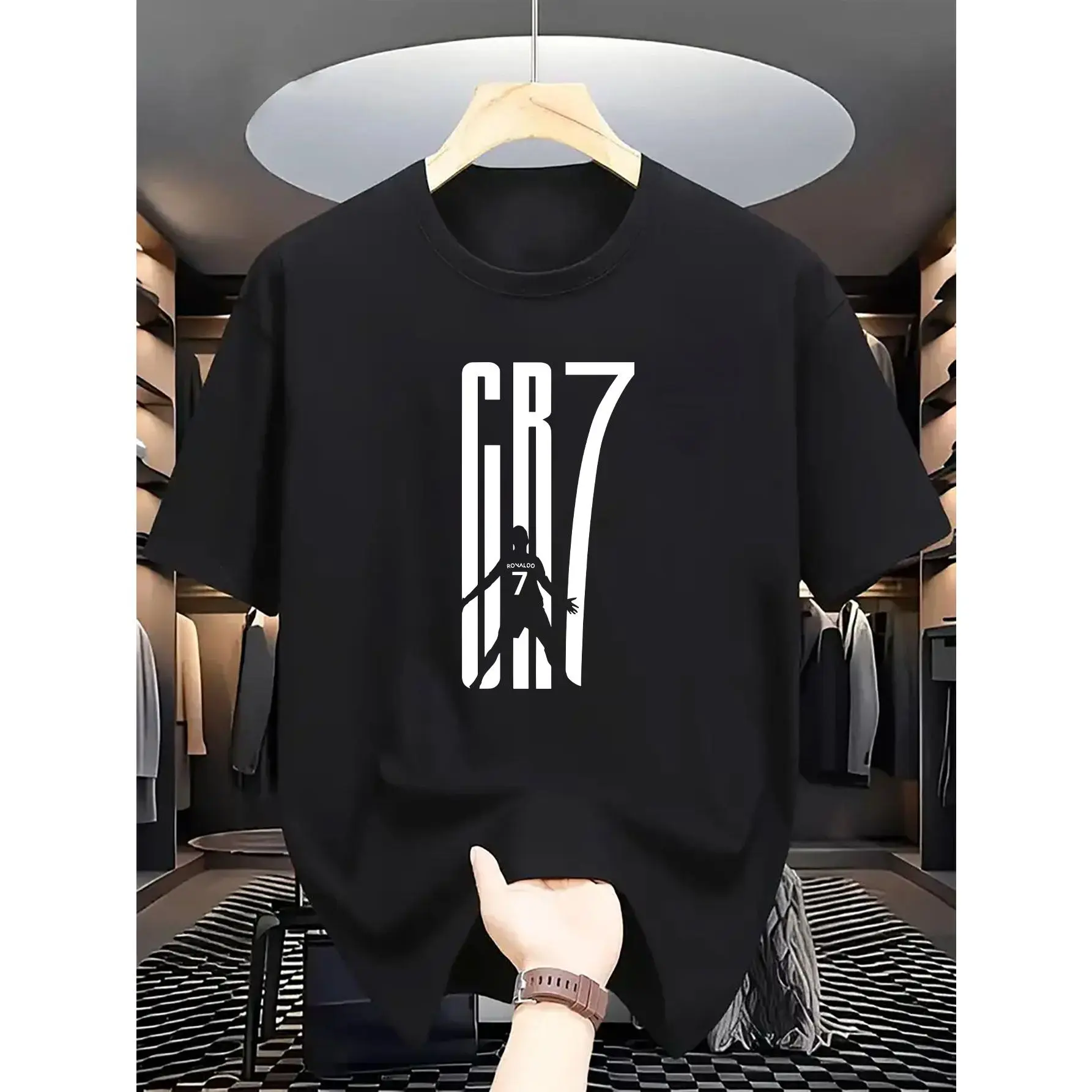 Men's CR7 Graphic Print Seamless Sports Top - Menswear Short Sleeve T-Shirt, Bold Letter Design, Round Neck, All-Season Comfort, Machine Washable, Black/White for Casual Attire, Streetwear Fashion
