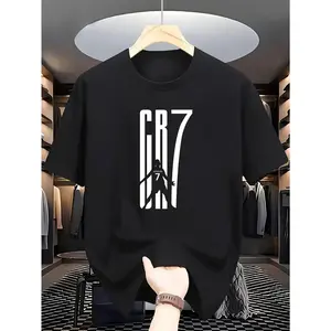 Men's CR7 Graphic Print Casual T-Shirt - Sporty Round Neck Short Sleeve Tee with Bold Letter Design, All-Season Comfort, Machine Washable, Black/White for Casual Attire, Streetwear Fashion, Modern Streetwear, Comfortable Fabric, Print Shirt, Young Adults