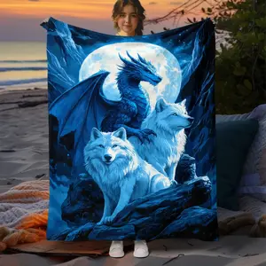 VIKAMA Fantasy Blue Dragon Wolf Blanket Season Universal Living Room Bedroom Office Nap Cover Ins Style Decorative Blanket--Warm Haven Textiles
