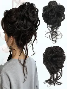 KAIRIYA 10 Inch Fluffy Curly Messy Bun 2-Pack - Elastic Band & Clip Hairpiece for Women, Perfect for Holiday Parties & Everyday Style