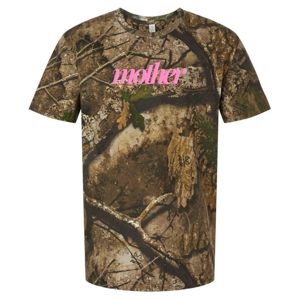 PUFF 'Mother Nature' Realtree Camo T-Shirt, Neon Pink "Mother" Camo Shirt Round Neck Top, Fabric, Shortsleeve, Ribbed, Hem, Cotton, Jersey