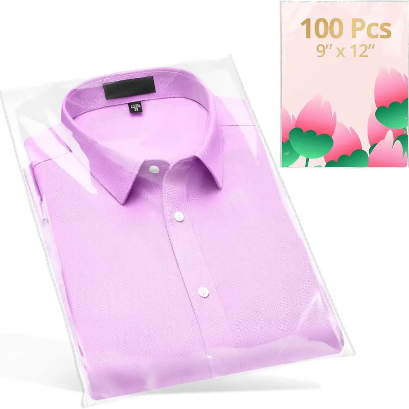 100 count Clear Self Sealing Cellophane Bags 9x12 Inches for Packaging Clothes, Resealable Poly Plastic Shirt Bags for Small Business, Plastic Sleeves for Magazine A4 Letter Size Artwork (2.8Mils)