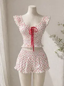 Red & White Polka Dot Set Cottagecore Lounge Outfit | Bloomer Shorts, PersonalizableCute Matching Set