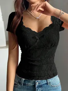 Women's Spring Autumn Fashion Chic Knitted Lace Trim Short Sleeve Top, Lace Patchwork Slim Fit Elastic Elegant Casual T-Shirt