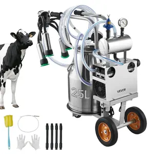 VEVOR Electric Cow Milking Machine, 6.6 Gal/ 25 L 304 Stainless Steel Bucket, Food-Grade Teat Cups and Silicone Hose, Strong Suction, Vacuum Pulsation, Electric Milker Machine with Wheels for Cow
