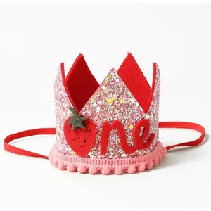 Berry First Birthday Crown, Pink 1st Birthday Hat for Girls, Strawberry 1st Birthday Crown, Sweet One Party Headband for Berry First Birthday Outfit Strawberry Shortcake Decorations (3.3'')