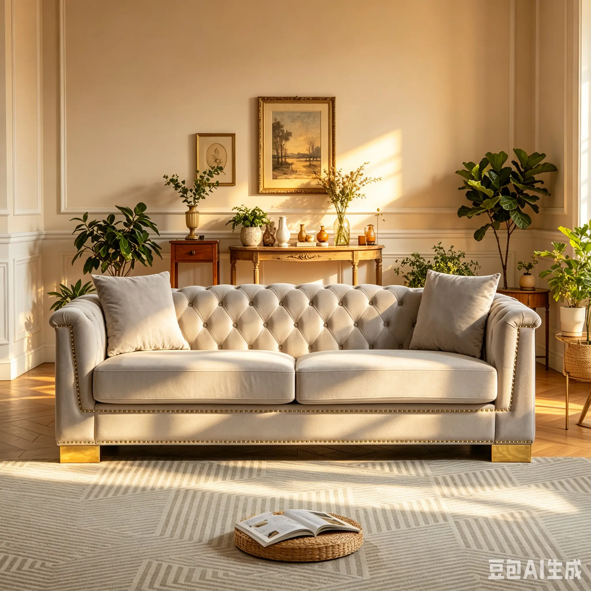 84-in Velvet Chesterfield 3-Seater Sofa, Classic Modern Design with Rolled Arms & Tasseled Decorative Clouds, Luxury Indoor Living Room Furniture for Apartments & Bedrooms, Beige