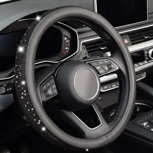 KAFEEK Bling Diamond Leather Steering Wheel Cover, With Sparkly Crystal Glitter Rhinestones Universal Fit 14"1/2-15" Car Wheel Protector for Women
