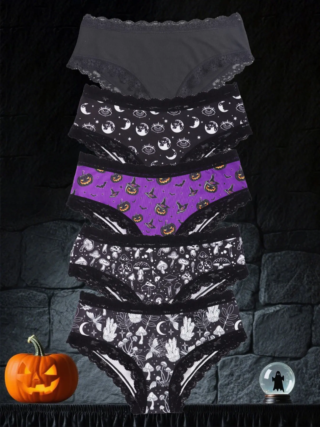 Morvia 5pcs Sexy Cute Gothic Halloween Contrast Lace Hipster Panties, Allover Print Comfy Intimates Briefs Panties, Women's Underwear & Lingerie, Trim Lace Panty