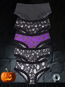 Morvia 5pcs Sexy Cute Gothic Halloween Contrast Lace Hipster Panties, Allover Print Comfy Intimates Briefs Panties, Women's Underwear & Lingerie, Trim Lace Panty