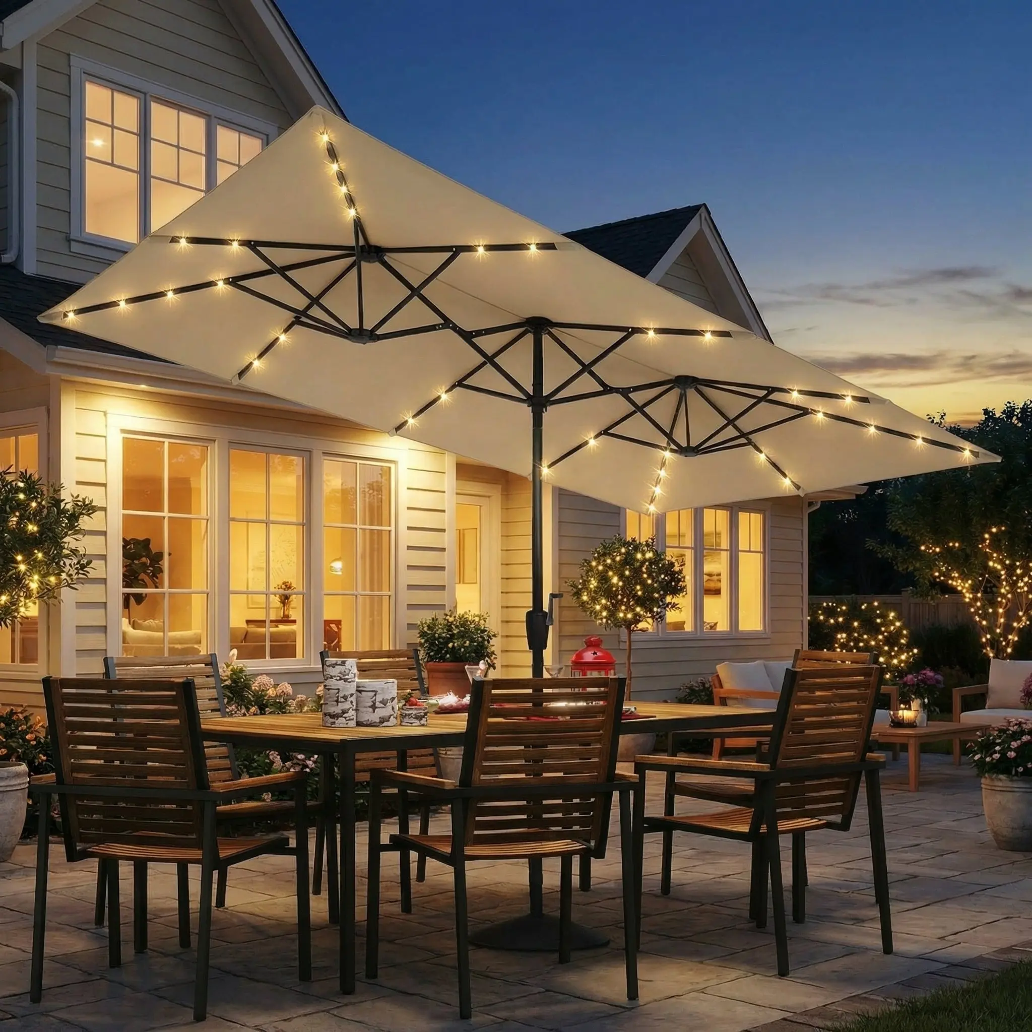 15 FT Large Patio Umbrella with 36 Solar LED Light, Double Sided Rectangle Umbrella with Crank Handle for Patio, Backyard, Garden, Pool, without Base SDU9012