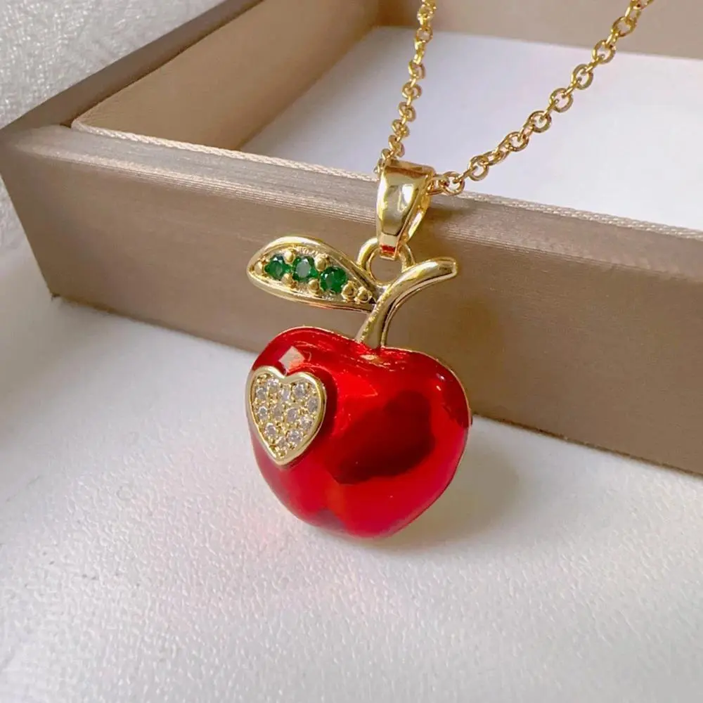 Fashionable Cute Apple Necklace for Women Stainless Steel Collarbone Chain Charming Jewelry Gift for Girls