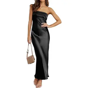 Women 2025 Summer Strapless Satin Tube Bodycon Backless Wedding Guest Maxi Dress