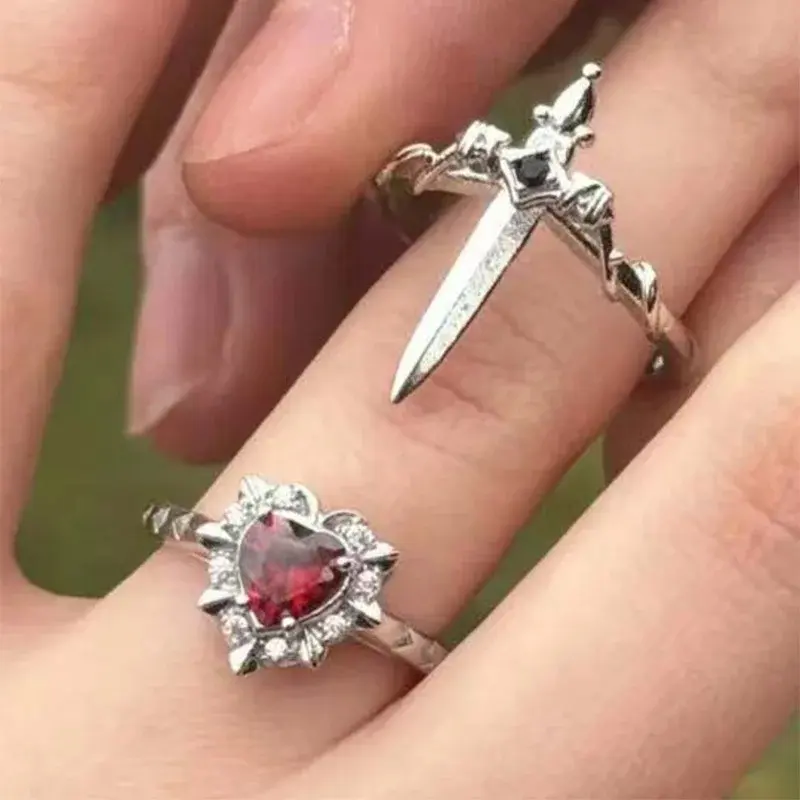 2Pcs Adjustable Open Rings Set for Couples, Heart & Sword Design Two‑Tone Silver Gold Stackable Fashion Jewelry for Women Men Daily Wear