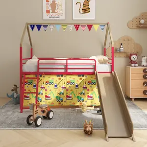 Jack Metal Junior House Twin Loft Bed with Slide and Curtain Set, Super Hero Color Gold and RedSturdy and Durable​