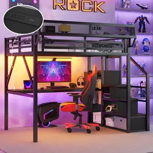 Modern Metal Full Loft Bed with Desk, USB Charge Station, Stairs and Light for Kids, Indoor Furniture Bed Frame