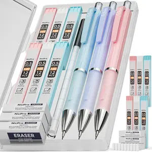 Nicpro Mechanical Pencils Set, Pastel Smooth Writing Pen with Case, HB Lead Refills, 3 Erasers, 9 Eraser Refills (Blue, Pink, Violet) for School, Office Stationery Supplies