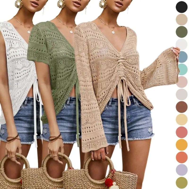 ARTFREE Womens Crochet Top Oversized V Neck Summer Flowy Crop Tops Shirts Boho Pullover Sweaters