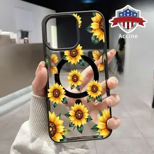 Golden Sunflowers Pattern Magnetic Phone Case for iPhone 16 15 14 Pro Max 13 12 11 XR XS E Plus Non-Yellowing Clear Crystal Drop-proof Slim Silicone Shockproof Transparent Acrylic Cover Supports Wireless Charging