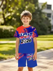 Boys' World Cup Haiti 2026 Football Print 3D Short Sleeve Shorts Set, Fashion Outdoor Sports, Birthday Gift, Holiday Present