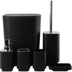 Bathroom Accessory Set 6 Piece Bathroom Accessories Set with Toothbrush Holder&Cup,Soap Dispenser& Dish,Toilet Brush Holder,Trash Can Plastic Gift Set for Bathroom Decorative Countertop (Black