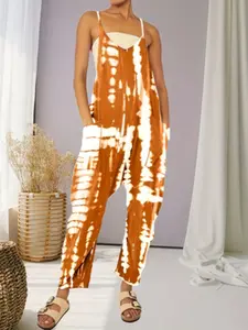 Casual Tie-Dye Halter Sleeveless One-Piece Fitted Jumpsuit, Summer Home Vacation Essential, Comfortable and Stylish, Perfect for Relaxing Days