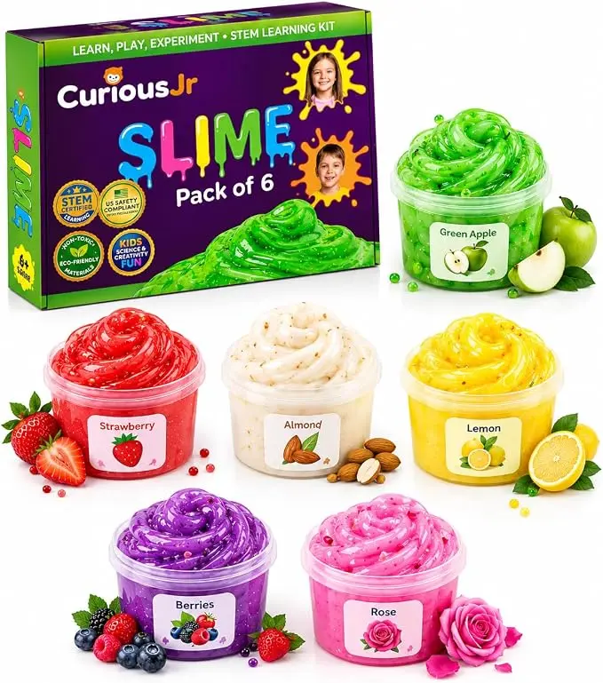 Scented Fruit Slime Kit 6-Pack by Curious Jr | Squishy Slime 6 Fruit-Scented Colors, Molds with Lids for Kids 3-10 Years | Soft Clay & Dough Kit, Tactile Sensory Play Toy, Soft Non-Toxic | Birthday Party Kit for Kids Creativity & Best Gift For Kids
