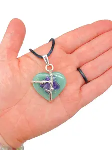 Green Aventurine Heart Amulet (Love) Pendant with Black Satin Cord, Green Aventurine, Amethyst