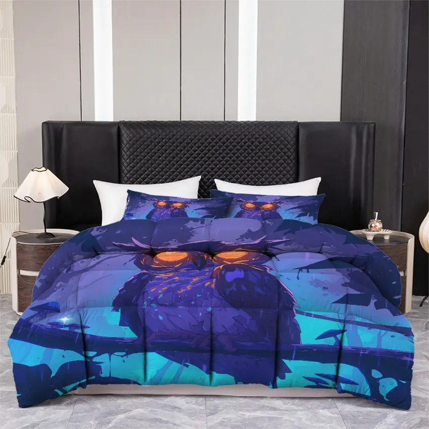 3pcs Printed quilt three-piece set (1 quiltr+2 pillowcases) - Mysterious Glowing Eye Owl Bedding Set, Vibrant Forest Art Comforter, Soft Microfiber Quilt, All Season Bedroom Decor Aesthetic